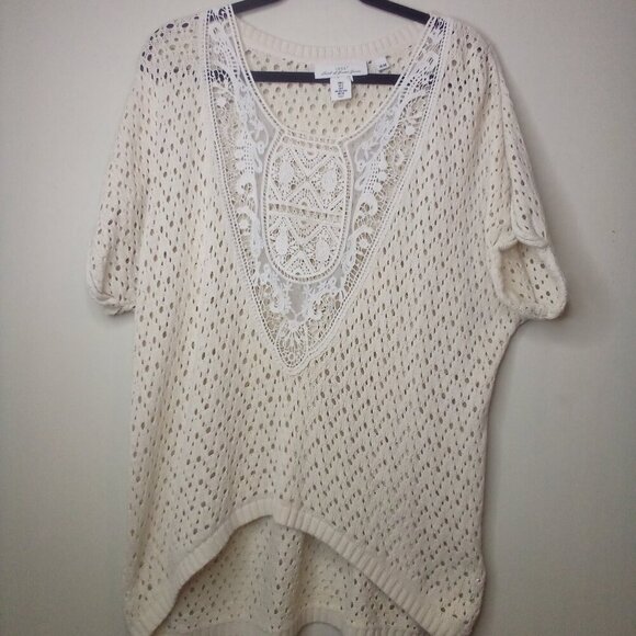 LOGG H&M Sweater S Women Short Sleeve Lace Open Knit Beige - Picture 1 of 16